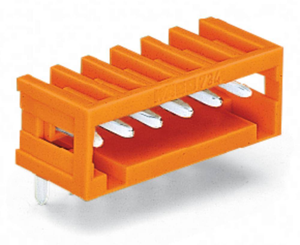 Ein orangefarbener Kunststoff-Steckverbinder mit sechs Metallstiften, geeignet für elektronische Anwendungen.