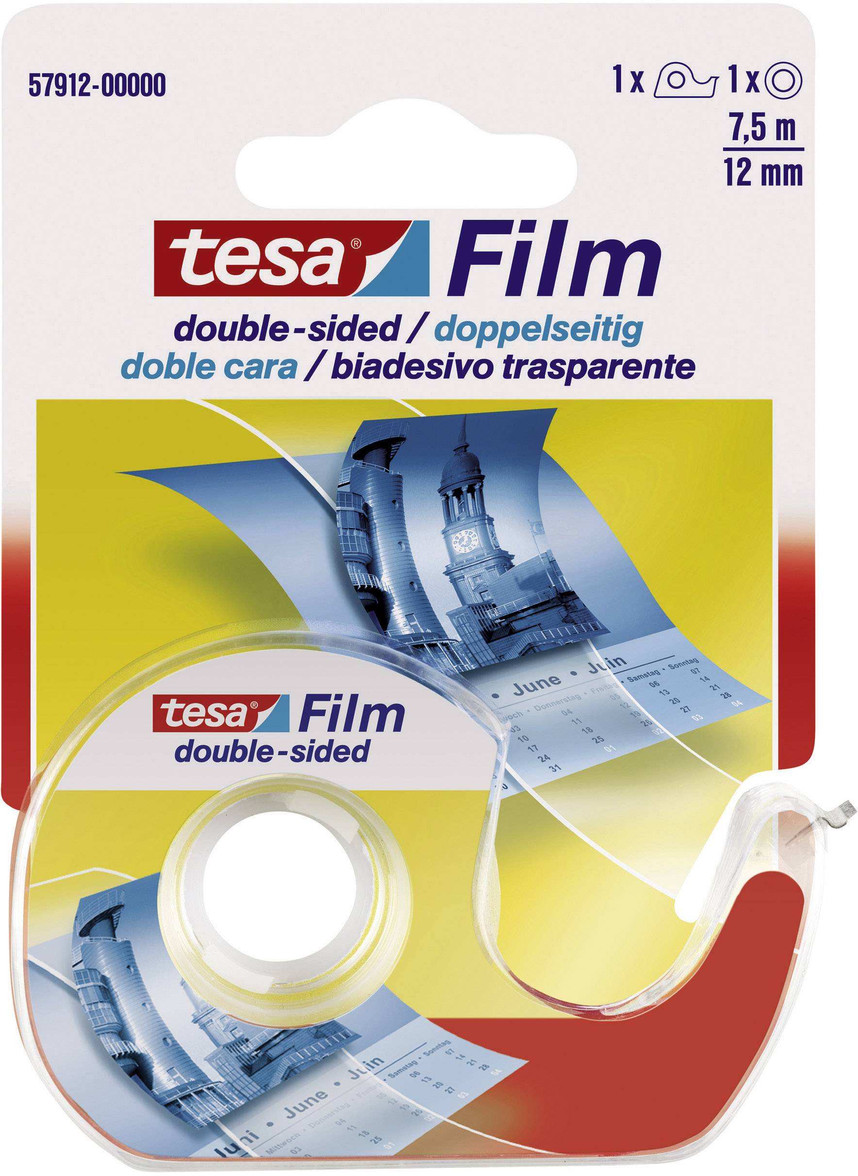 Verpackung für doppelseitiges Klebefilm von Tesa. Zeigt eine Klebefilmrolle und ein Foto von Gebäuden im Hintergrund.