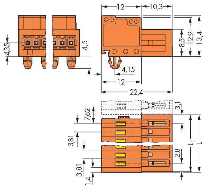 Technische Zeichnung eines Steckverbinders mit Bemaßungen. Höhe 12, Breite 10,3, Tiefe 22,4 mm, Pinlänge 4,35 mm.