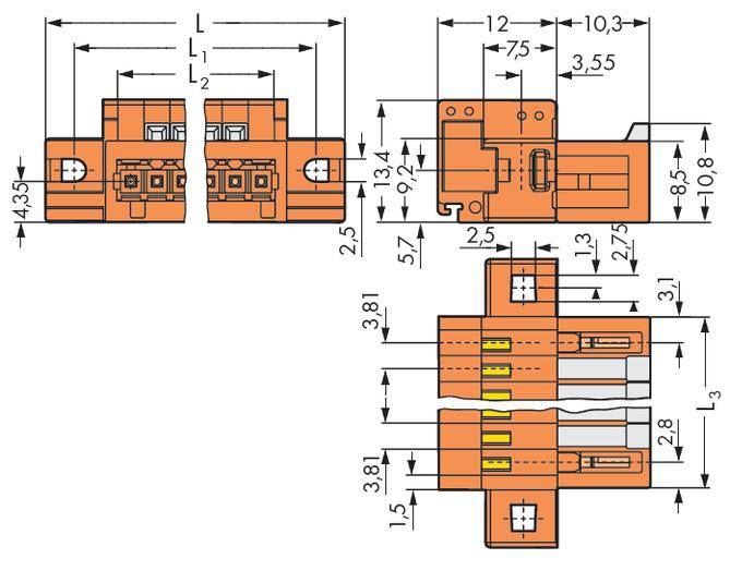 Technische Zeichnung eines orangefarbenen elektrischen Steckverbinders mit Maßangaben in Millimetern für präzise Installation.