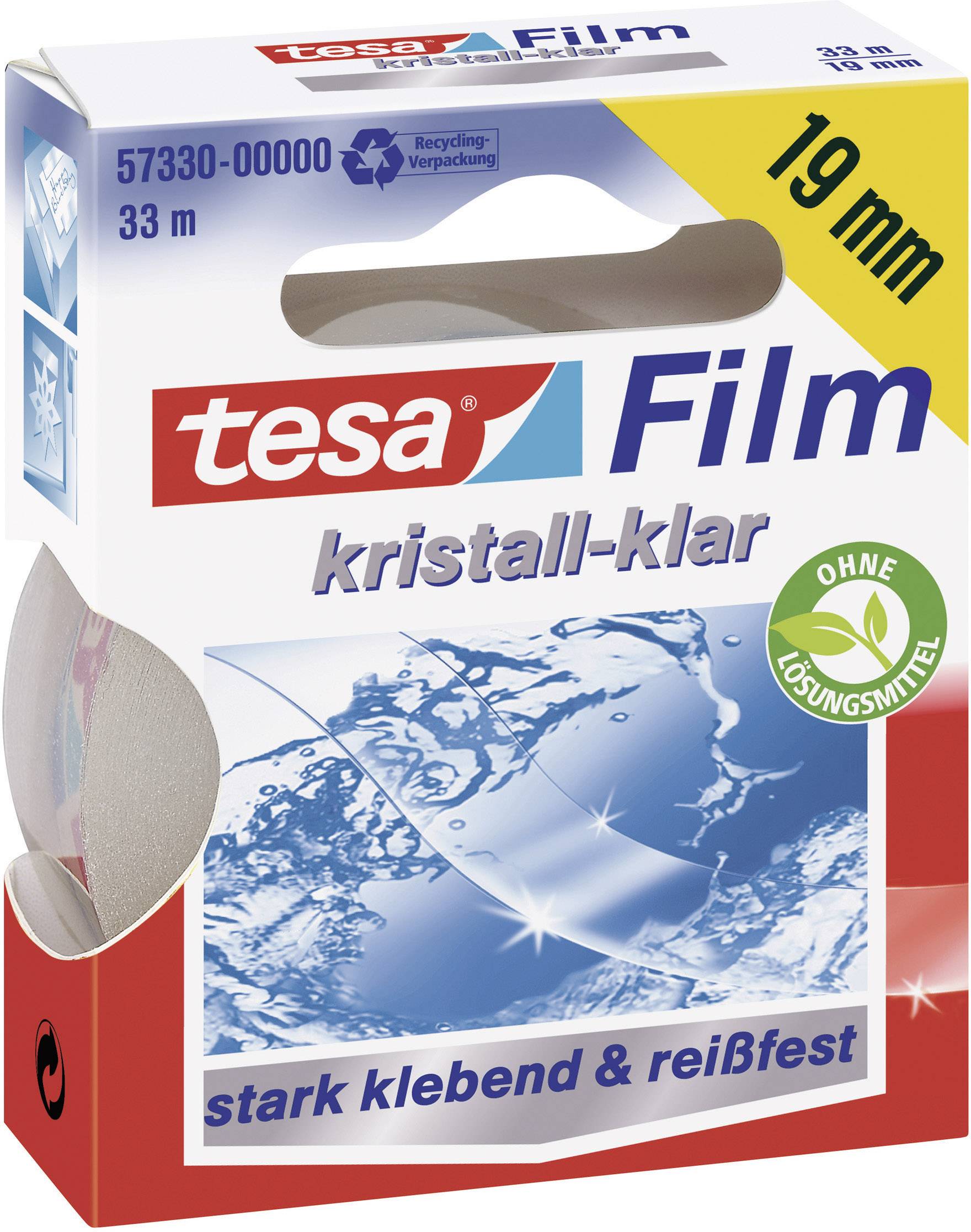 Verpackung einer Tesa-Klebebandrolle. Aufdruck: 'kristall-klar', 'ohne Lösungsmittel', Größe '19 mm x 33 m', stark klebend und reißfest.