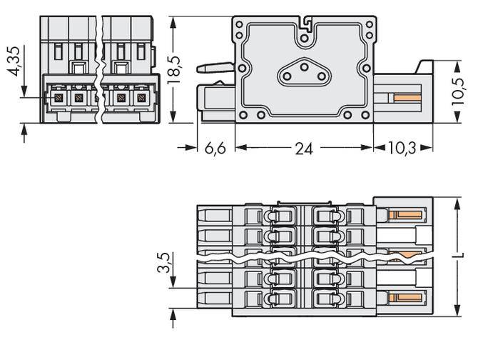 Abbildung eines elektrischen Schaltplans mit Maßen: Oben 4.35, Seite 24, Tiefe 3.5. Beinhaltet zwei Ansichten mit Verbindungsdetails.