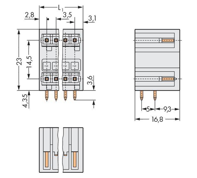 Technische Zeichnung eines Steckverbinders mit Maßen. Zeigt Vorder- und Seitenansicht mit metrischen Abmessungen und Pin-Layout.