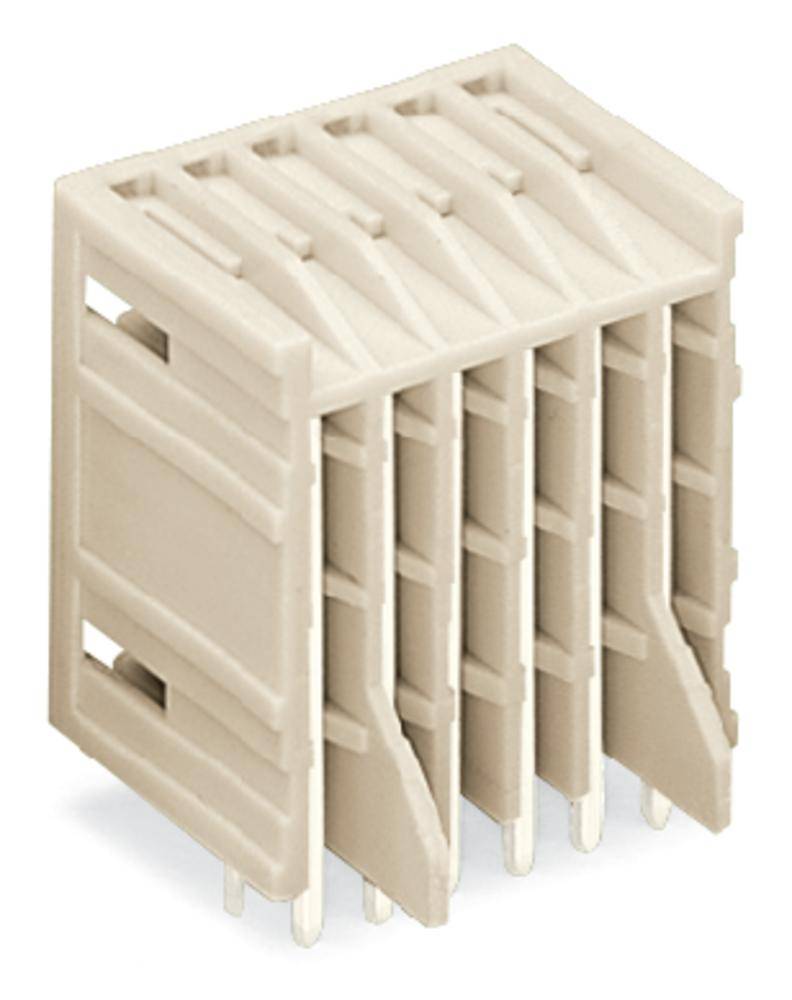 Ein beigefarbener, rechteckiger Kunststoffstecker mit mehreren Reihen von schmalen Schlitzen und Stiften.