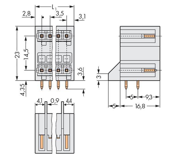 '2-poliges Koppelrelais' mit Abmessungen von 16,8 mm Breite, 4,35 mm Höhe. Diagramm zeigt Vorder- und Seitenansicht mit genauen Maßen.