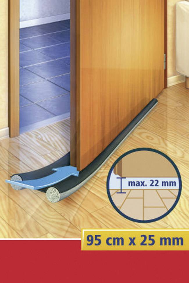 Türdichtungsstreifen blockiert Zugluft am Boden, passend für Türen mit max. 22 mm Spalt. Produktmaße: 95 cm x 25 mm.