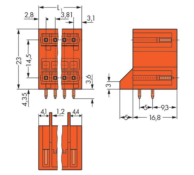 Technische Zeichnung eines orangefarbenen elektronischen Steckverbinders mit genauen Maßangaben in Millimetern. Zeigt Draufsicht und Seitenansicht.
