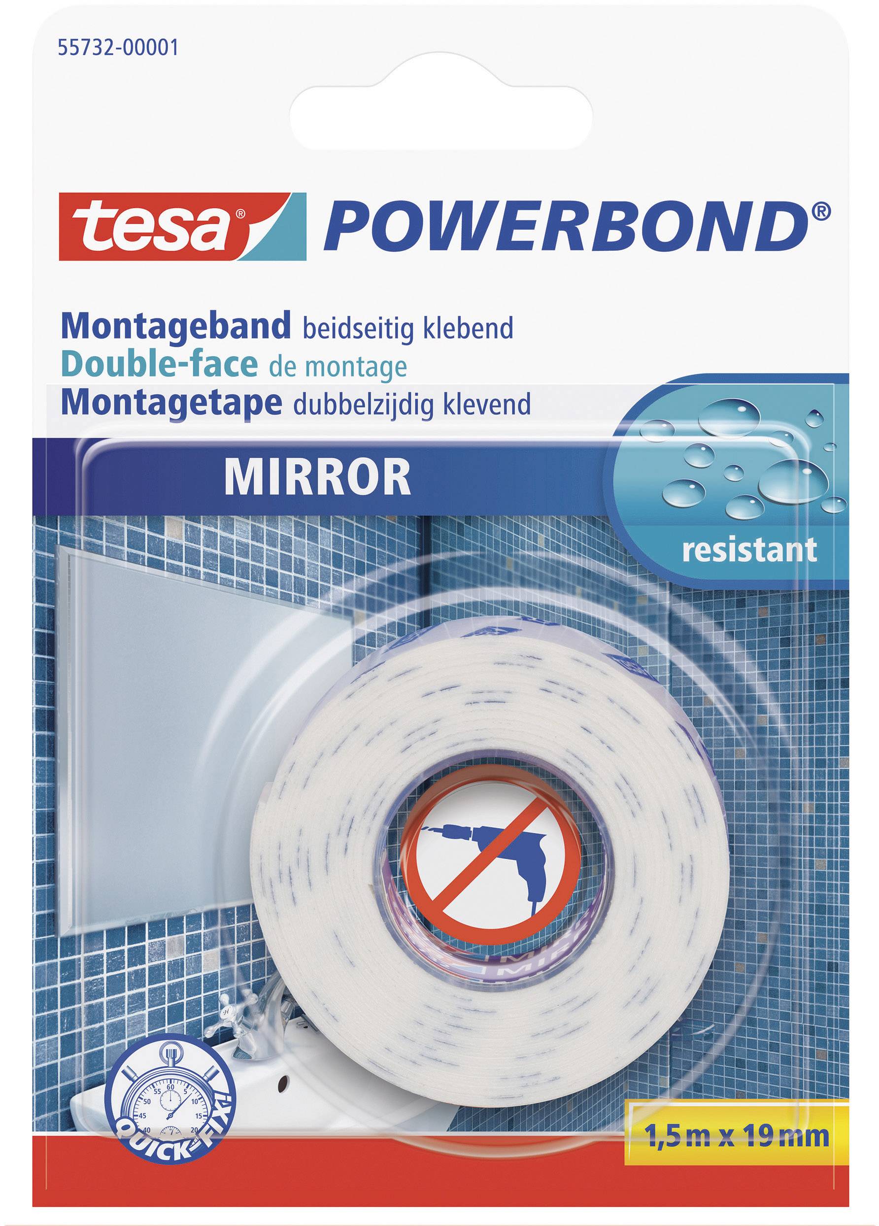 Verpackung von Powerbond Montageband, beidseitig klebend, resistent gegen Feuchtigkeit, ideal für Spiegelmontage, 1,5 m x 19 mm.