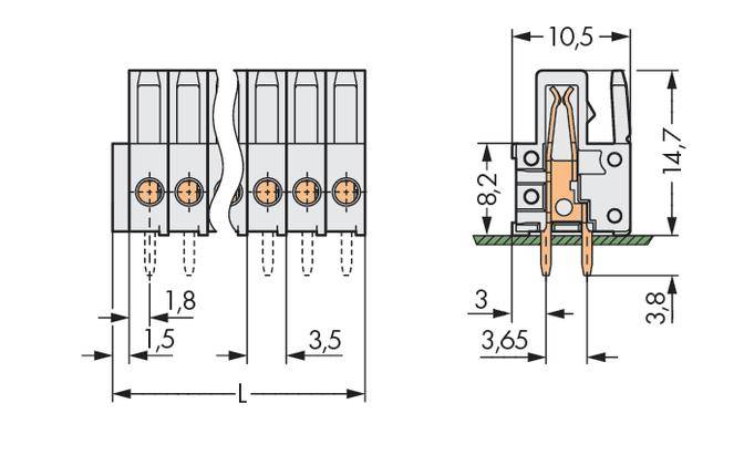Technische Zeichnung eines Steckverbinders mit genauen Maßangaben in Millimetern. Zeigt Vorderansicht und Seitenansicht mit detaillierten Abmessungen.
