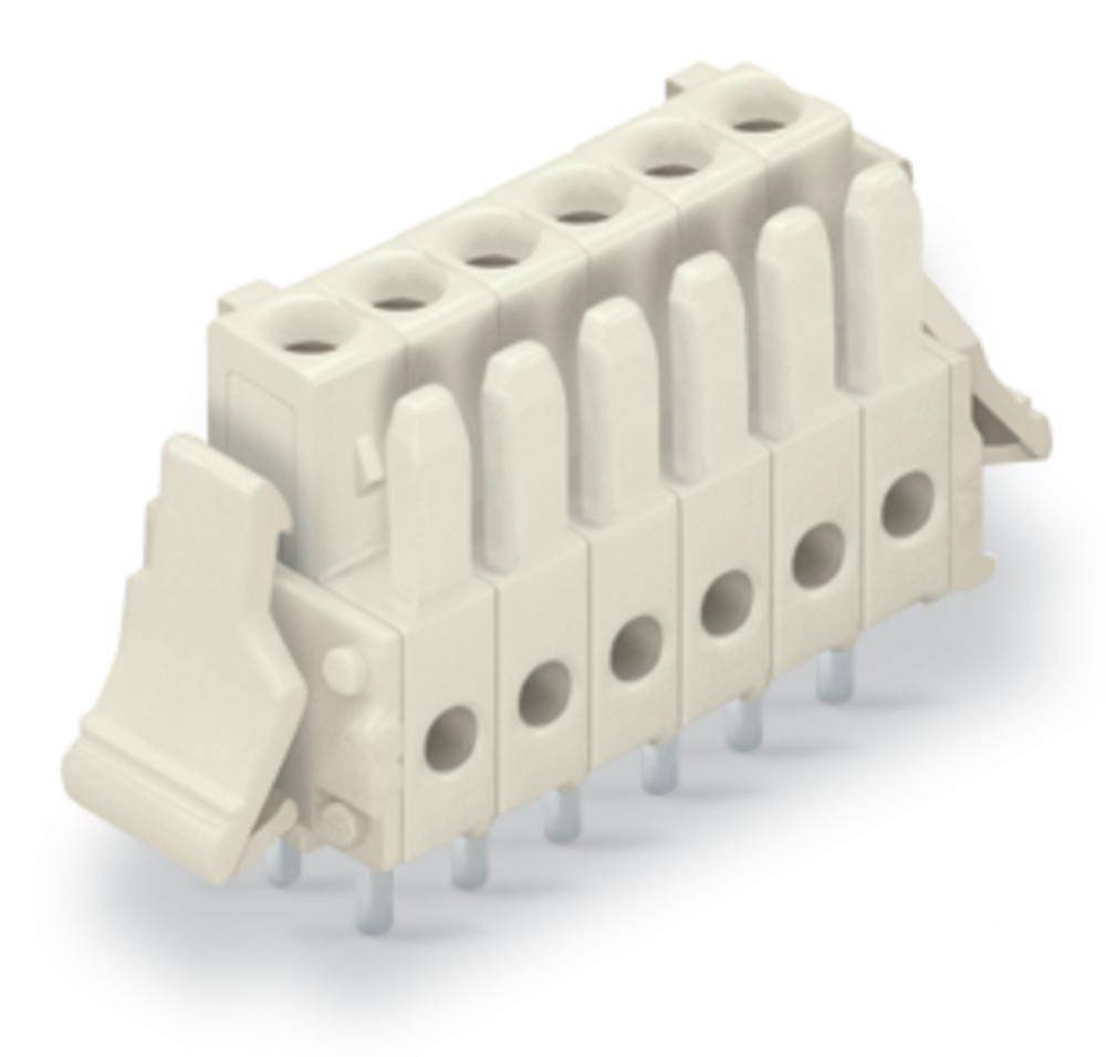 Ein weißer, sechspoliger Steckverbinder mit seitlichem Verriegelungsmechanismus. Geeignet für elektronische Anwendungen.