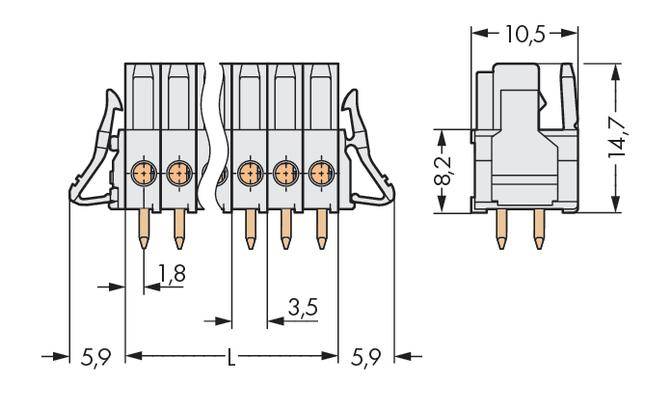 Technische Zeichnung eines Elektroniksteckers mit Maßen: Breite 10,5 mm, Höhe 14,7 mm, Detailansicht mit Pin-Abständen.