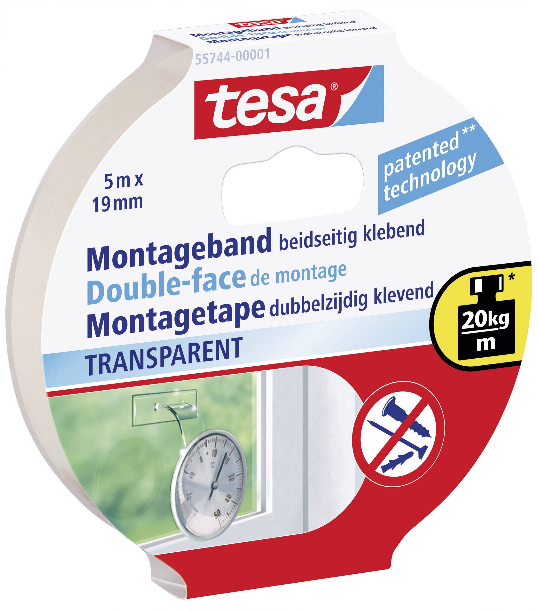 Verpackung von tesa Doppelseitigem Montageband, transparent, 5 m x 19 mm, für Gewichte bis zu 20 kg. Abbildungen zeigen Anwendungen.