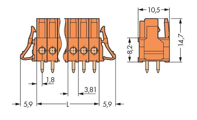 Technische Zeichnung eines Steckverbinders mit Abmessungen: Breite 10,5 mm, Höhe 14,7 mm, Stiftabstände 1,8 mm und 3,81 mm.