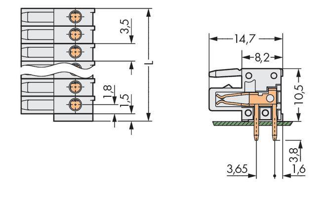 Technische Zeichnung eines Steckerblocks mit Maßen: Breite 3,5 mm, Höhe 14,7 mm, Tiefe 8,2 mm. Zeigt Draufsicht und Querschnitt.