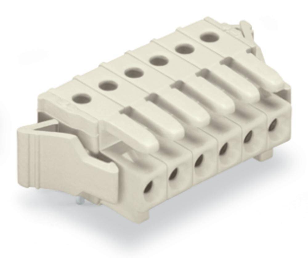 Ein grauer, sechspoliger elektrischer Steckverbinder mit Hebeln, zur sicheren Verbindung von elektrischen Kabeln.