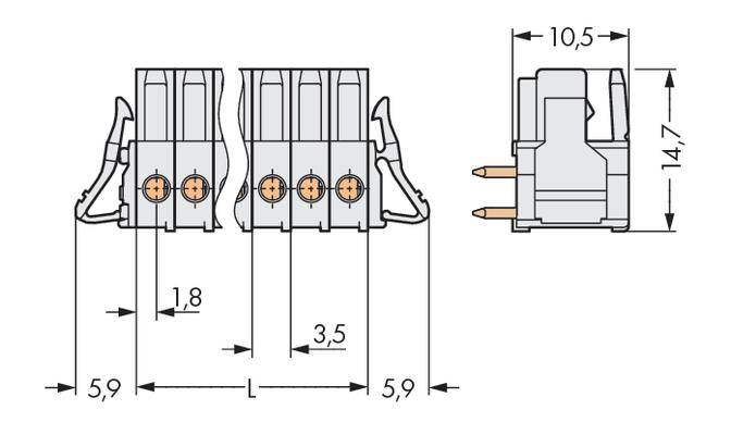 Technische Zeichnung eines Steckverbinders mit Abmessungen: Breite 10,5 mm, Höhe 14,7 mm, Längenangaben 1,8 mm, 3,5 mm.