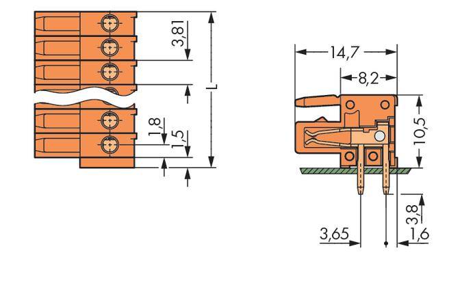 Technische Zeichnung eines Steckverbinders mit Abmessungen: Breite 14,7 mm, Höhe 10,5 mm, Länge 3,81 mm, Anschlussbereich 3,65 mm.