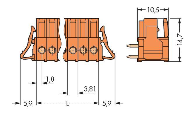 Technische Zeichnung eines elektrischen Steckverbinders, Maße angegeben: 10,5 mm Breite, 14,7 mm Höhe, 3,81 mm Abstand zwischen Pins.