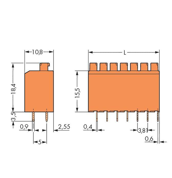 Elektrischer Schaltplan zeigt Maße eines Steckverbinders. Links: Höhe 18,4 mm, Breite 10,8 mm, Pinabstand 5 mm. Rechts: Länge L mit Pinabständen und -breiten.