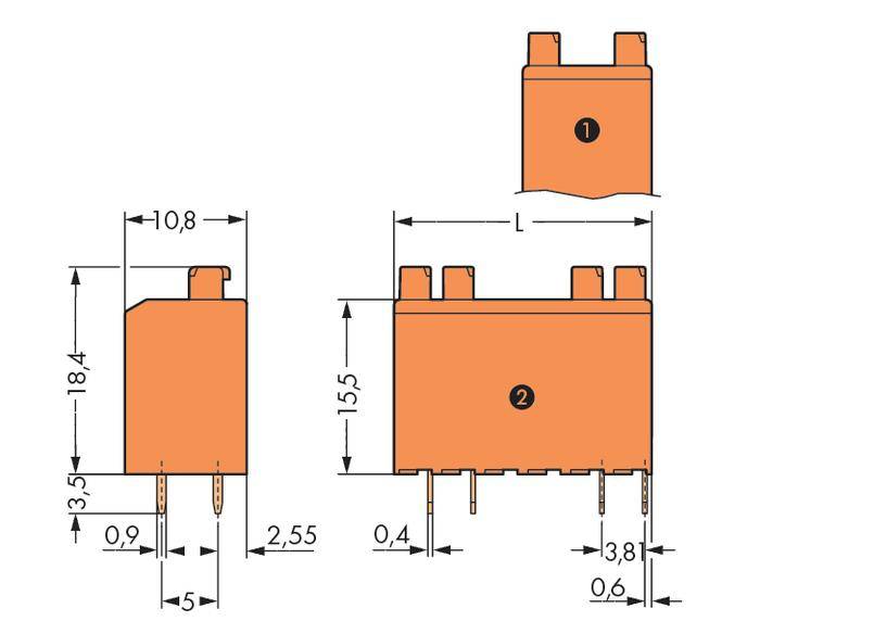 Elektronisches Bauteil mit rechteckiger Form und mehreren Anschlüssen. Maße sind 18,4 mm Höhe, 10,8 mm Breite, 5 mm Länge, detaillierte Abstände markiert.