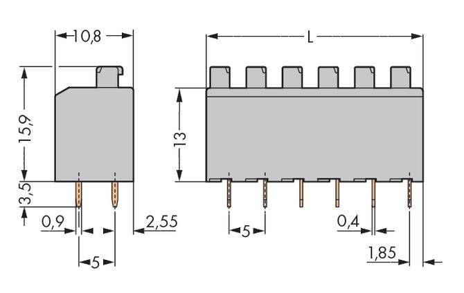 Technische Zeichnung eines elektronischen Bauteils mit detaillierten Abmessungen in Millimetern. Ansicht von vorne und der Seite.