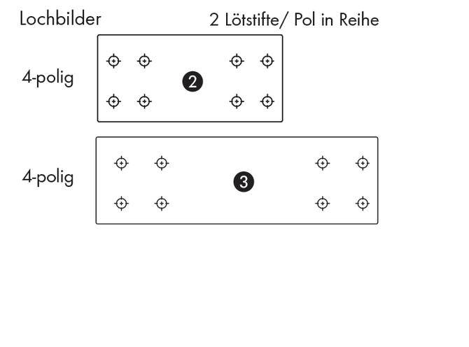 'Lochbilder': Zwei rechteckige Bereiche, jeweils mit 4 Löchern. Oberer Bereich: 2 Lötreihen, unterer Bereich: 8 Löcher in zwei Reihen.
