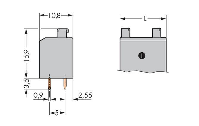 Technische Zeichnung eines elektrischen Steckers mit Abmessungen: Breite 10,8 mm, Höhe 15,9 mm, andere Maße 3,5 mm, 5 mm, 2,55 mm, 0,9 mm.