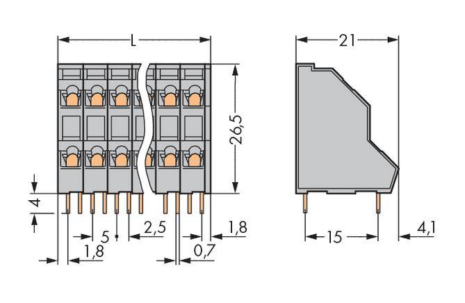 Das Bild zeigt technische Zeichnungen eines Steckverbinders mit Maßangaben: Breite 21mm, Höhe 26,5mm, Pin-Abstände 2,5mm.