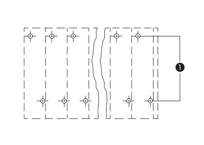 Diagramm zeigt zwei verbundene Reihen von rechteckigen Paneelen, jeweils mit sechs Befestigungspunkten. Eine Klammer verbindet die Reihen.