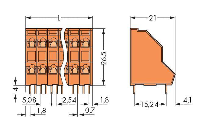 Zeichnung eines orangefarbenen Steckverbinders mit technischen Abmessungen: Länge, Höhe, Breite, Pin-Abstand und Stiftlänge sind angegeben.