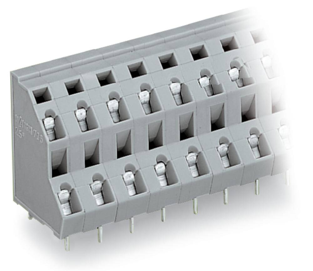 Graue, geneigte Leiterplattenklemme mit elf Anschlussmöglichkeiten und Schraubverbindungen. Ideal für elektrische Installationen.