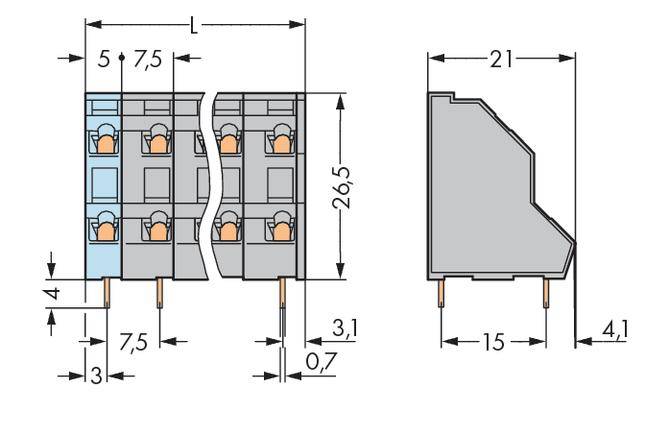 Technische Zeichnung eines Steckverbinders: Maße in Millimetern. Breite, Höhe und Tiefe mit präzisen Abständen zwischen Komponenten.