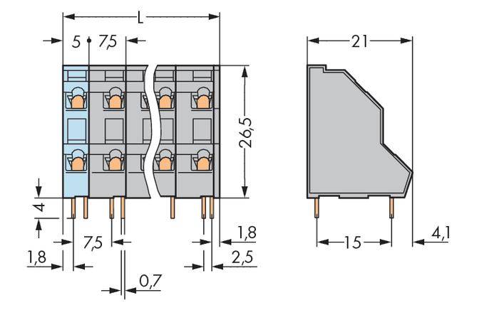 Technische Zeichnung eines elektrischen Steckverbinders mit Maßen: Höhe 26,5 mm, Breite 21 mm. Details der Pin-Konfiguration.