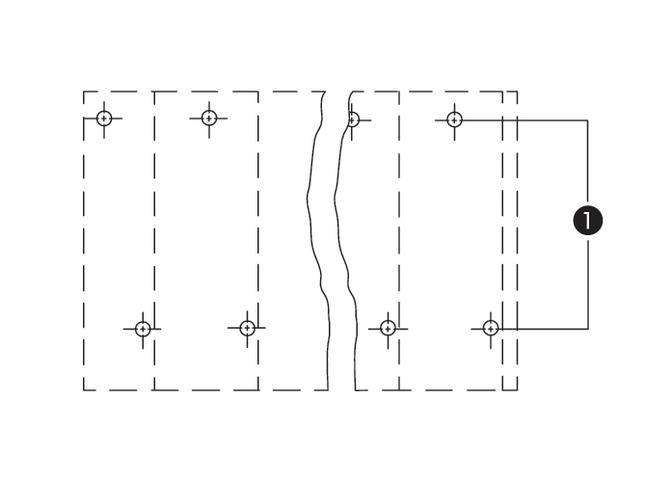 Darstellung einer technischen Zeichnung mit Details zu Befestigungspunkten. Diagramm zeigt zwei Abschnitte mit je fünf Befestigungspunkten.