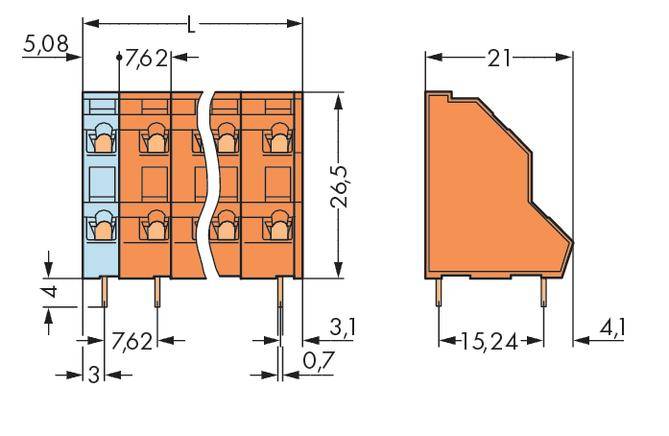 Technische Zeichnung eines elektrischen Steckverbinders mit Maßen: Länge 21 mm, Höhe 26,5 mm. Enthält detaillierte Abmessungen.