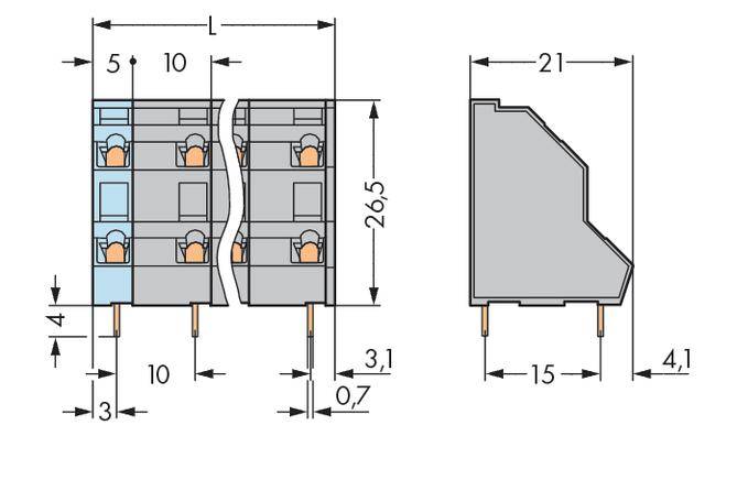 Technische Zeichnung eines Bauteils mit Abmessungen in Millimetern. Zeigt Front- und Seitenansicht sowie Steckverbinderpositionen.