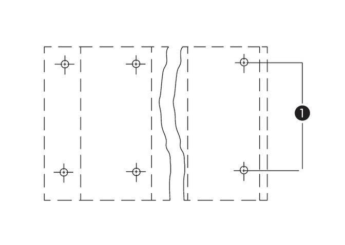 Zwei parallele Rechtecke mit gestrichelten Linien, verbunden durch gerade Linien und kreisförmige Markierungen; bezeichnet als Teil '1'.