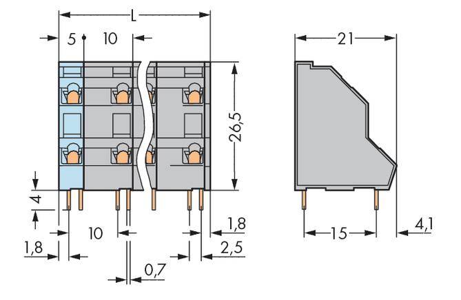 Technische Zeichnung einer elektrischen Klemme in Vorder- und Seitenansicht mit Abmessungen in Millimetern, Schaltkreisdarstellung.