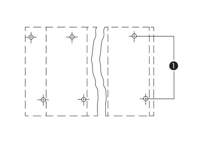 Schema zweier rechteckiger Platten mit Schraubpositionen an den Ecken. Eine Klammer mit der Nummer '1' verdeutlicht die Verbindung.