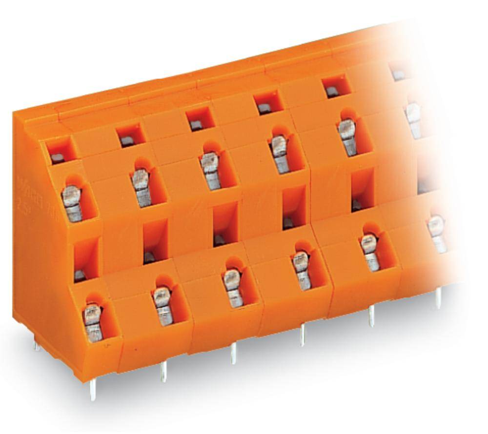 Oranger Steckverbinder mit mehreren Anschlussklemmen zur Verdrahtung elektrischer Schaltungen.