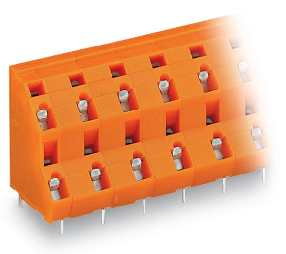 Ein orangefarbener Steckverbinder mit mehreren Anschlüssen und Metallkontakten, verwendet für elektrische Verbindungen in Geräten.