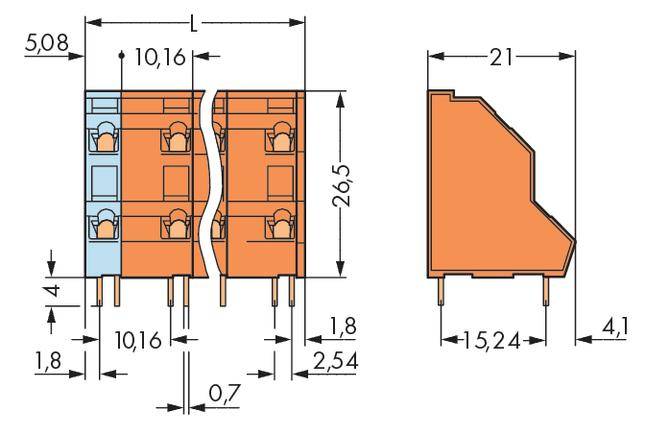 Technische Zeichnung eines orange-blauen Steck-Verbinders mit Maßen. Zentrale Maße: 10,16 mm Breite, 26,5 mm Höhe, 4,1 mm Tiefe.