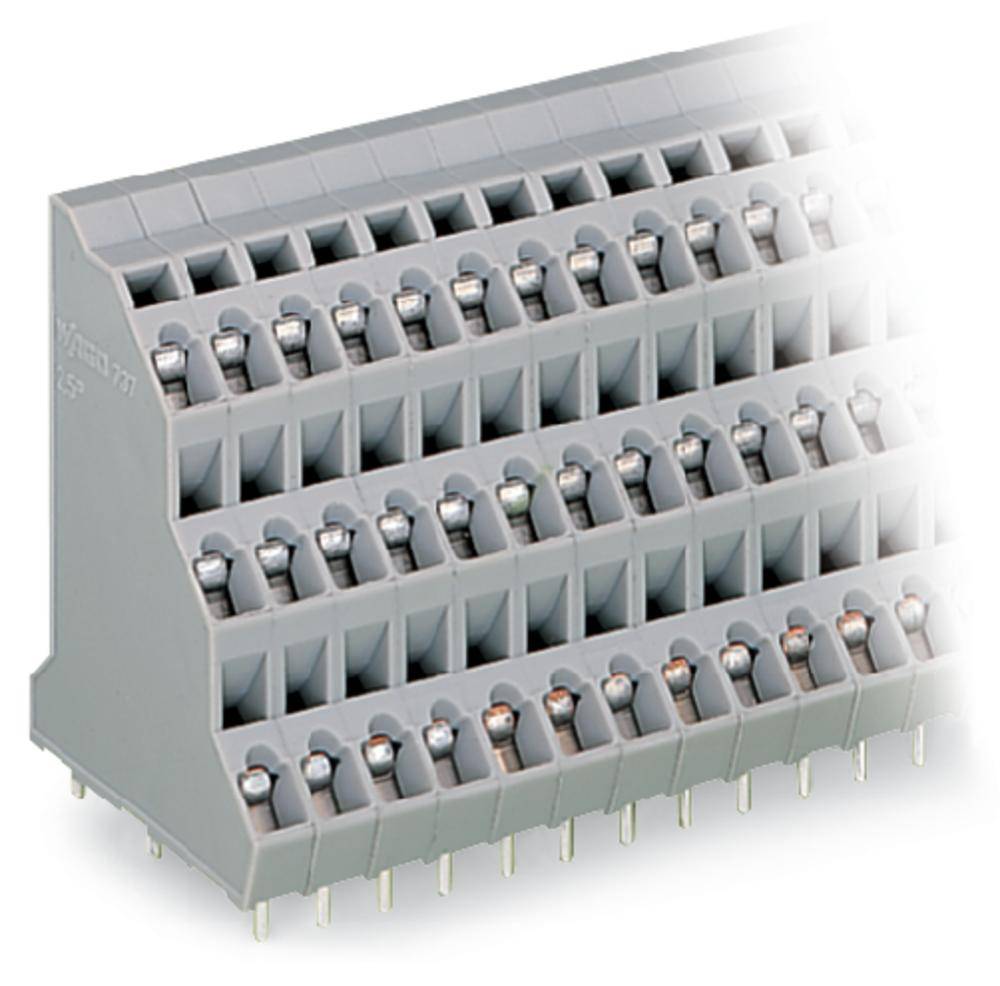 Grau-gelbes elektrisches Steckverbindungselement mit vielen Anschlussklemmen, geeignet für elektronische Schaltungen und Verdrahtung.