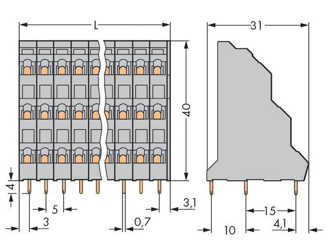 Technische Zeichnung eines Steckverbinders mit Abmessungen: Länge (L), Breite (31 mm), Höhe (40 mm) und Kontaktstifte im unteren Bereich.