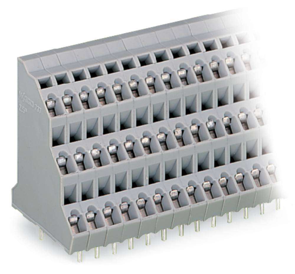 Graues, mehrreihiges Steckmodul mit vielen Anschlussklemmen für elektronische Verbindungen. Es weist metallische Pins an der Unterseite auf.