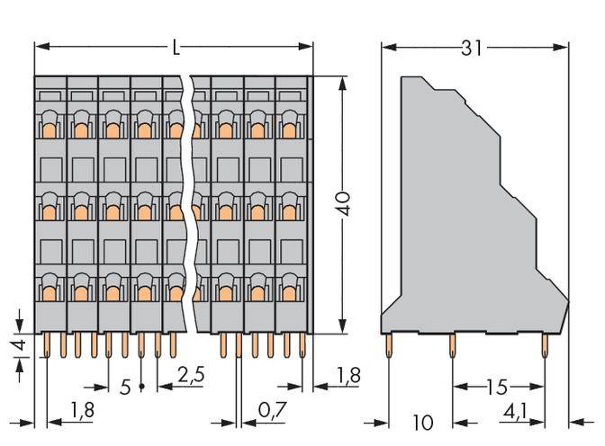 Diagramm eines elektronischen Bauteils mit Abmessungen: Höhe 40 mm, Breite 31 mm. Zeigt Ansichten von vorne und der Seite mit Steckstiften.