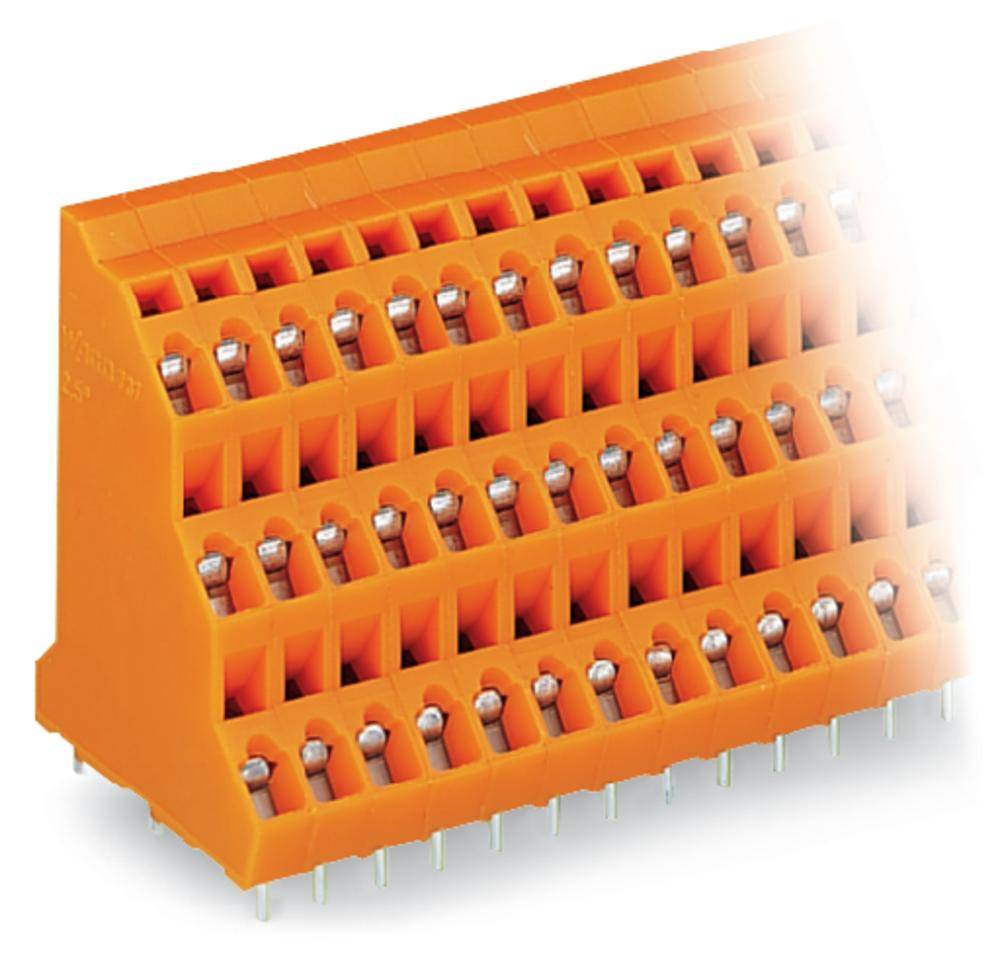 Ein orangefarbener, mehrreihiger Steckverbinder mit mehreren Steckplätzen und Metallkontakten.