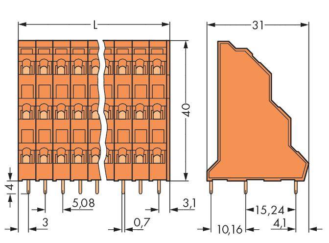 Technische Zeichnung eines orangefarbenen Bauelements. Maße: Länge 31 mm, Höhe 40 mm, Tiefe 41 mm. Darstellung von Anschlüssen und Profil.