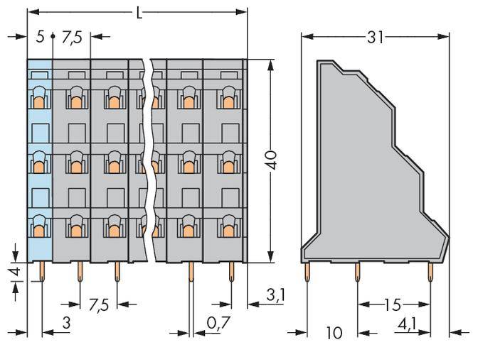 Technische Zeichnung eines Steckverbinders mit Abmessungen in Millimetern. Zeigt Vorder- und Seitenansicht mit Pin-Anordnung und Abstand.