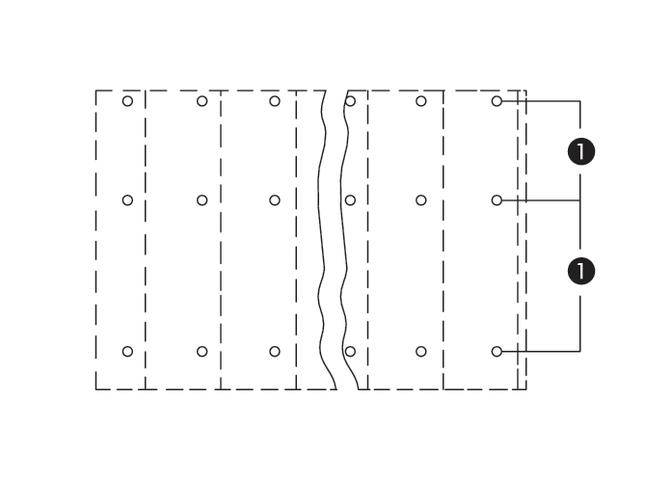 Diagramm zeigt ein Bauteil mit zwei markierten Bereichen. Punkte markieren Befestigungsstellen. Abschnitt in der Mitte unterbrochen.